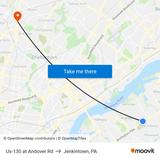 Us-130 at Andover Rd to Jenkintown, PA map