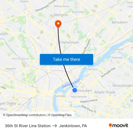 36th St River Line Station to Jenkintown, PA map