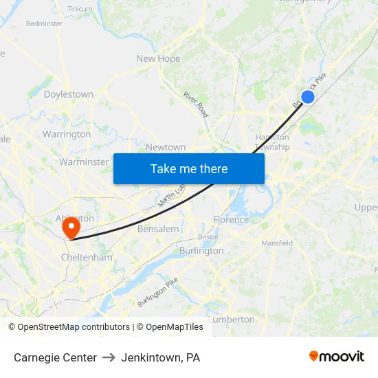 Carnegie Center to Jenkintown, PA map