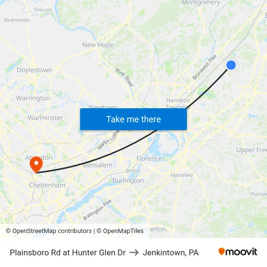 Plainsboro Rd at Hunter Glen Dr to Jenkintown, PA map