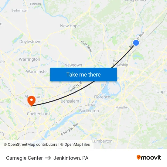 Carnegie Center to Jenkintown, PA map