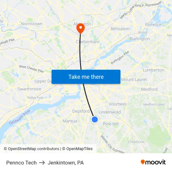 Pennco Tech to Jenkintown, PA map