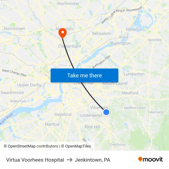 Virtua Voorhees Hospital to Jenkintown, PA map
