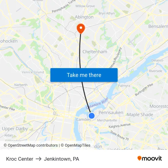 Kroc Center to Jenkintown, PA map