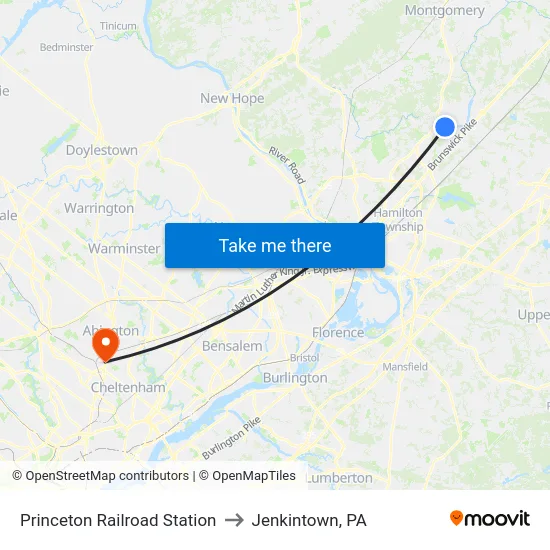 Princeton Railroad Station to Jenkintown, PA map