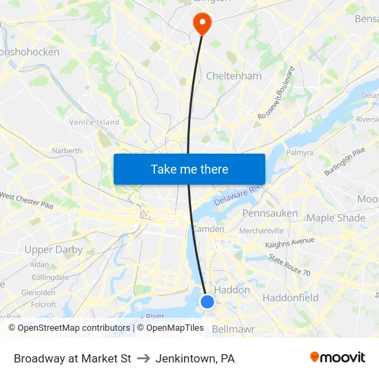 Broadway at Market St to Jenkintown, PA map