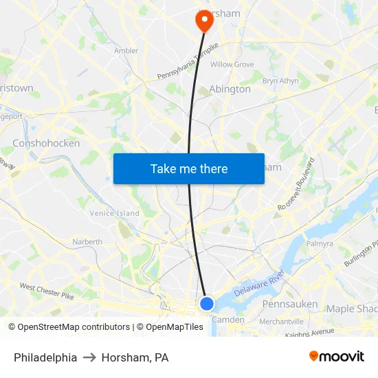 Philadelphia to Horsham, PA map