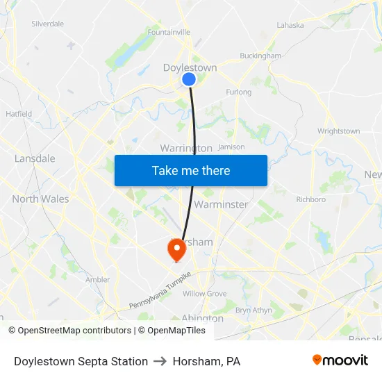 Doylestown Septa Station to Horsham, PA map