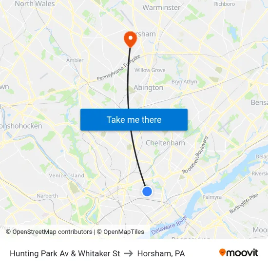 Hunting Park Av & Whitaker St to Horsham, PA map