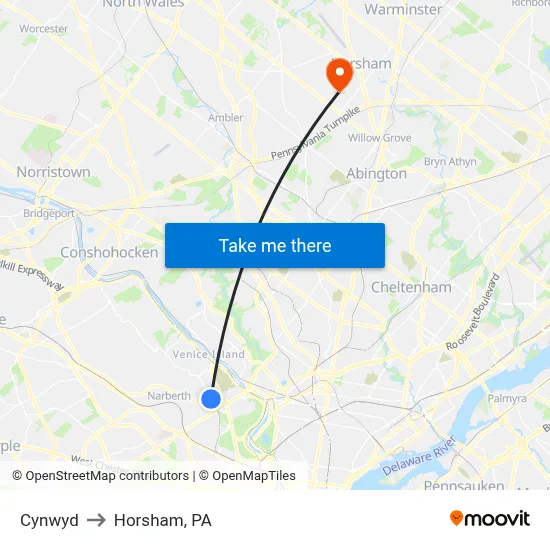 Cynwyd to Horsham, PA map