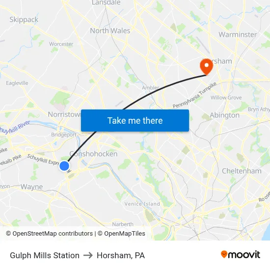 Gulph Mills Station to Horsham, PA map