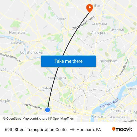 69th Street Transportation Center to Horsham, PA map