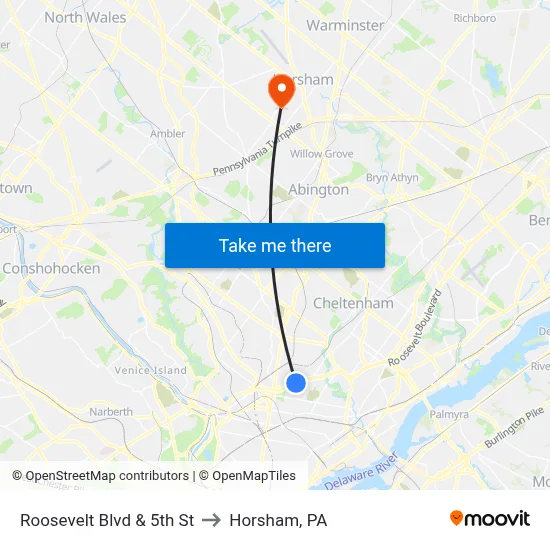 Roosevelt Blvd & 5th St to Horsham, PA map