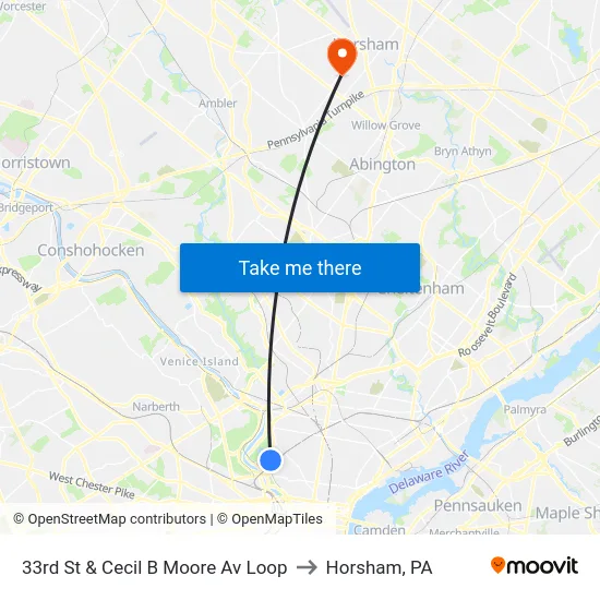 33rd St & Cecil B Moore Av Loop to Horsham, PA map