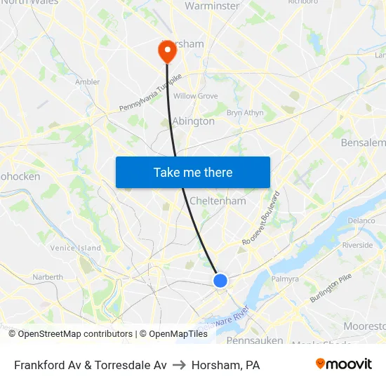 Frankford Av & Torresdale Av to Horsham, PA map