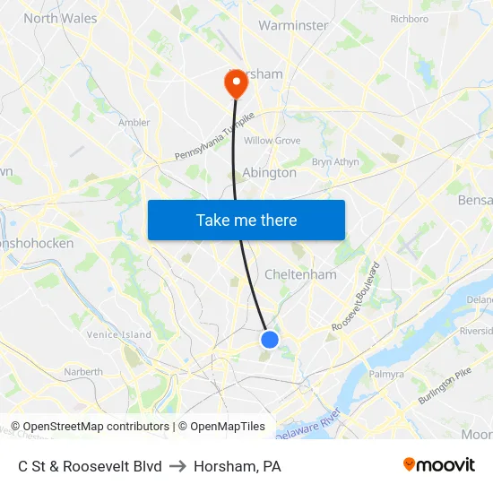 C St & Roosevelt Blvd to Horsham, PA map