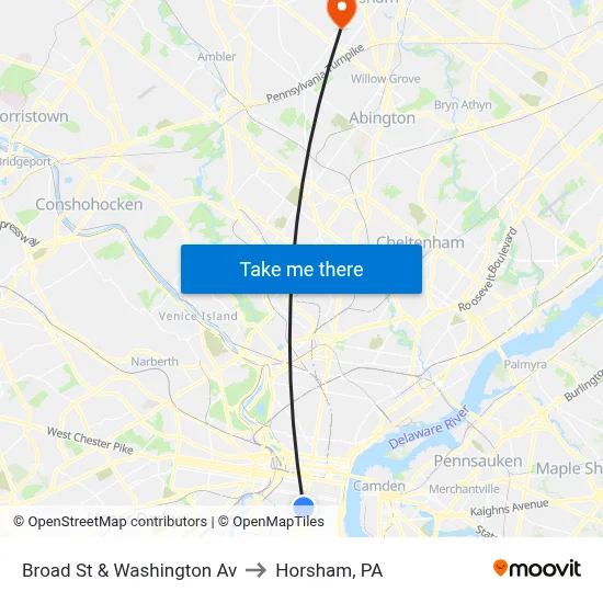 Broad St & Washington Av to Horsham, PA map