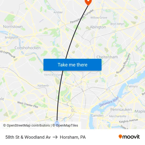 58th St & Woodland Av to Horsham, PA map