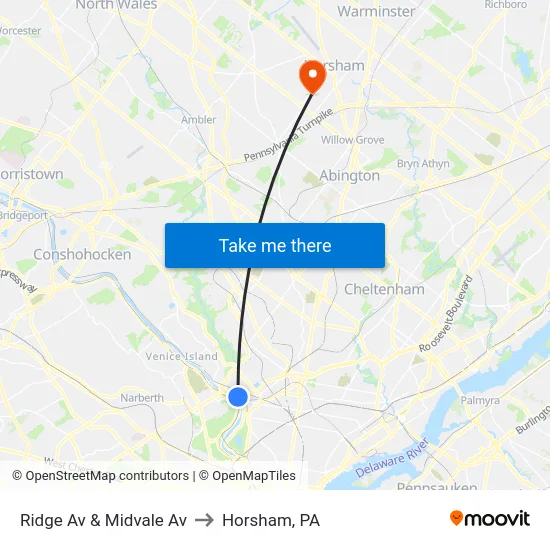 Ridge Av & Midvale Av to Horsham, PA map