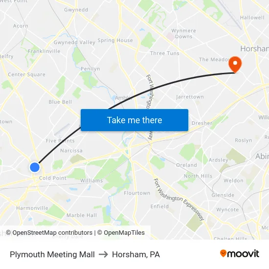 Plymouth Meeting Mall to Horsham, PA map
