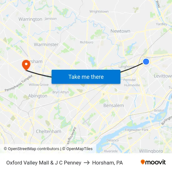 Oxford Valley Mall & J C Penney to Horsham, PA map