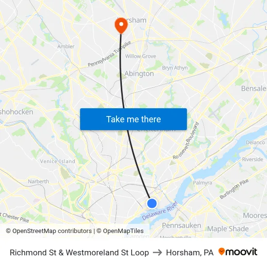 Richmond St & Westmoreland St Loop to Horsham, PA map