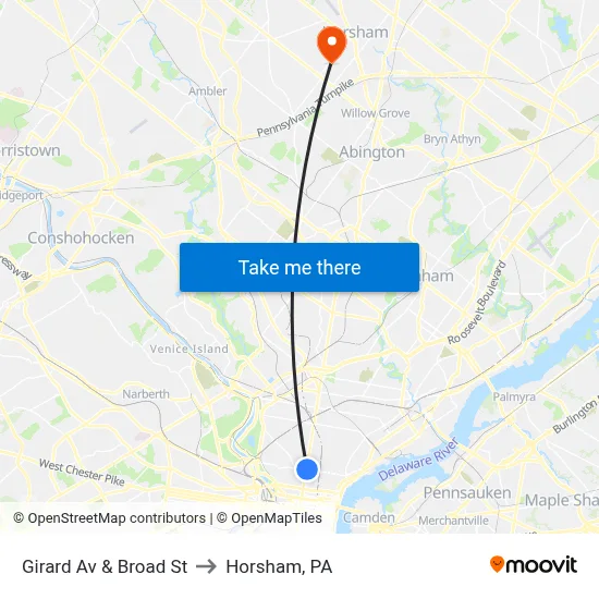 Girard Av & Broad St to Horsham, PA map