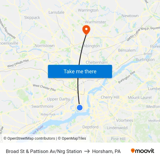 Broad St & Pattison Av/Nrg Station to Horsham, PA map