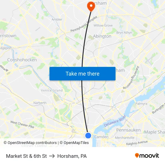Market St & 6th St to Horsham, PA map