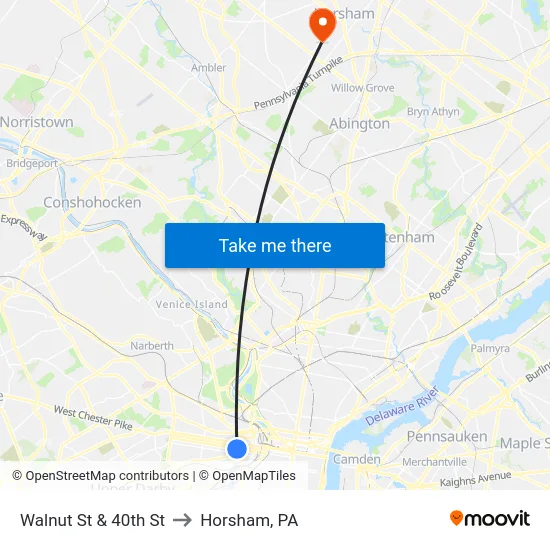 Walnut St & 40th St to Horsham, PA map
