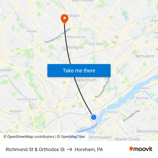 Richmond St & Orthodox St to Horsham, PA map