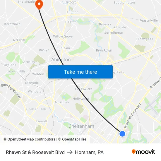 Rhawn St & Roosevelt Blvd to Horsham, PA map
