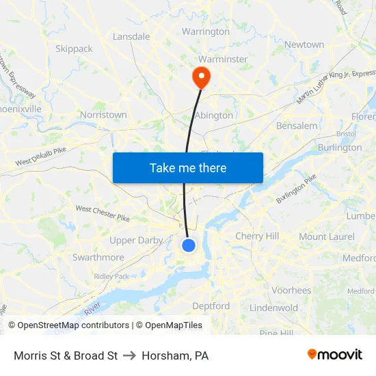 Morris St & Broad St to Horsham, PA map