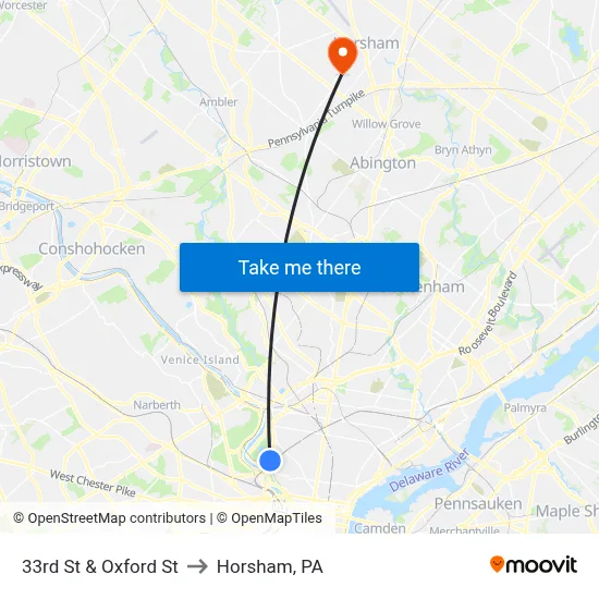 33rd St & Oxford St to Horsham, PA map