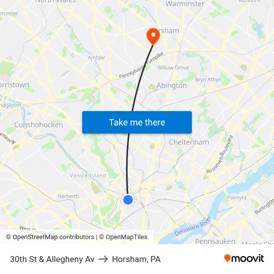 30th St & Allegheny Av to Horsham, PA map