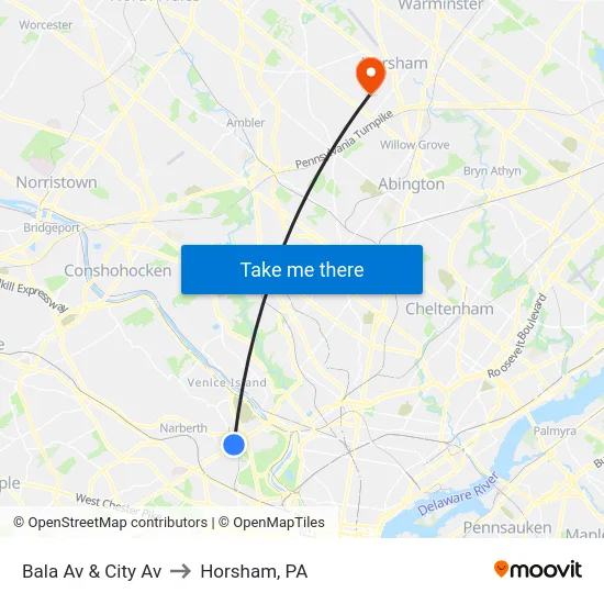 Bala Av & City Av to Horsham, PA map