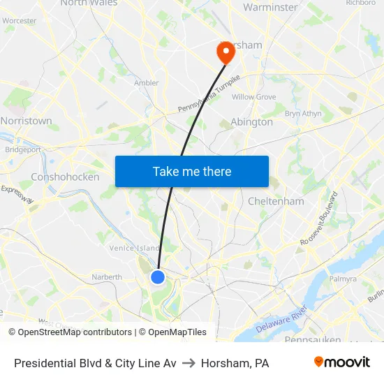 Presidential Blvd & City Line Av to Horsham, PA map