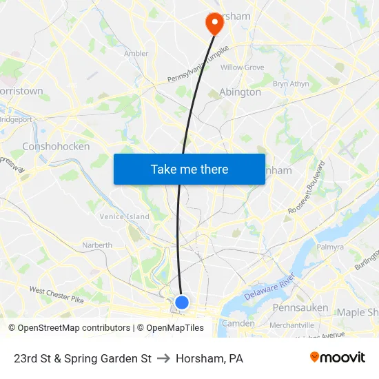 23rd St & Spring Garden St to Horsham, PA map
