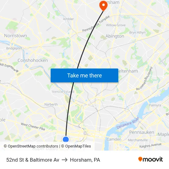 52nd St & Baltimore Av to Horsham, PA map