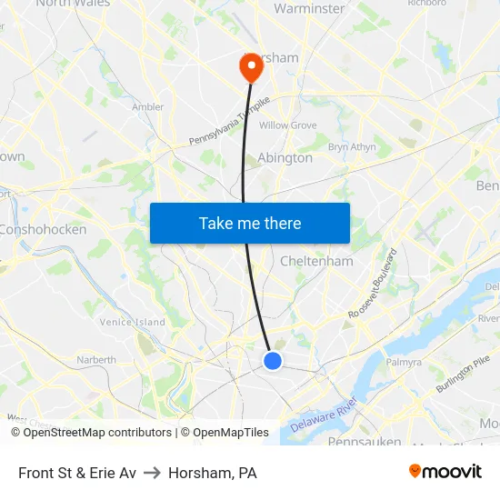 Front St & Erie Av to Horsham, PA map