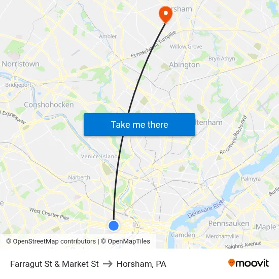 Farragut St & Market St to Horsham, PA map
