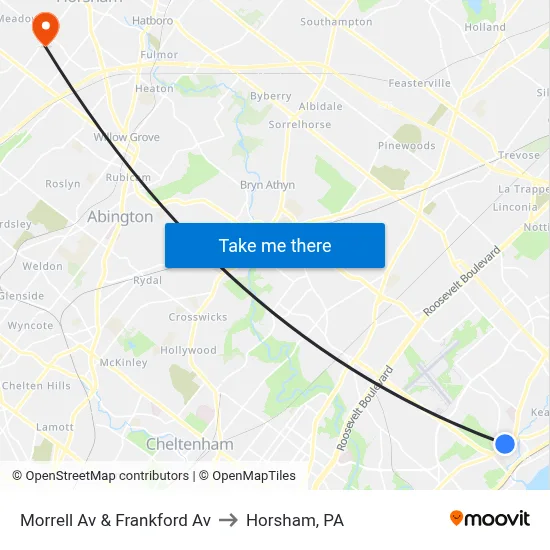 Morrell Av & Frankford Av to Horsham, PA map