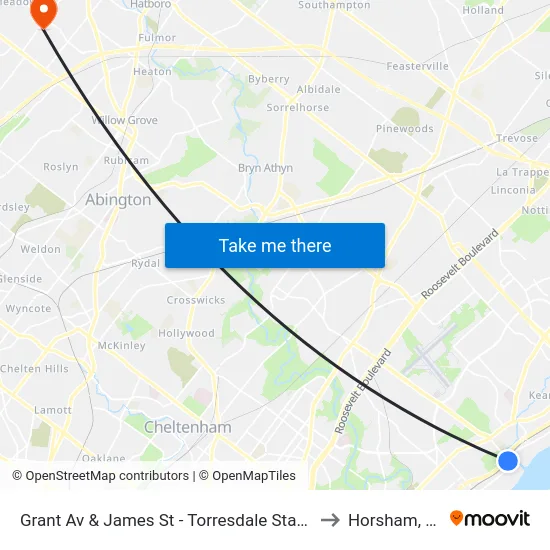 Grant Av & James St - Torresdale Station to Horsham, PA map