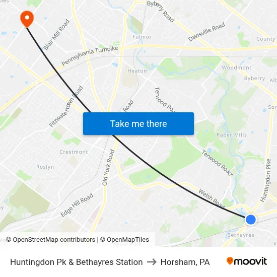 Huntingdon Pk & Bethayres Station to Horsham, PA map