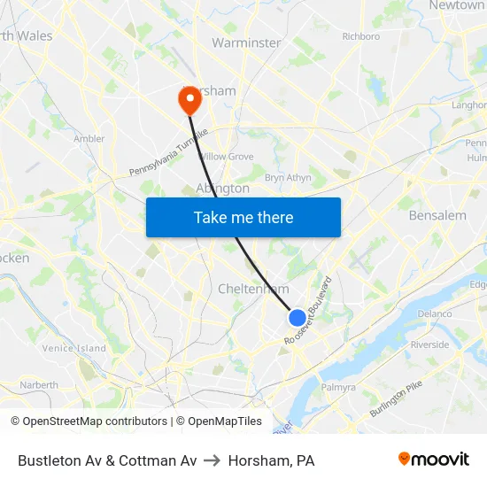 Bustleton Av & Cottman Av to Horsham, PA map