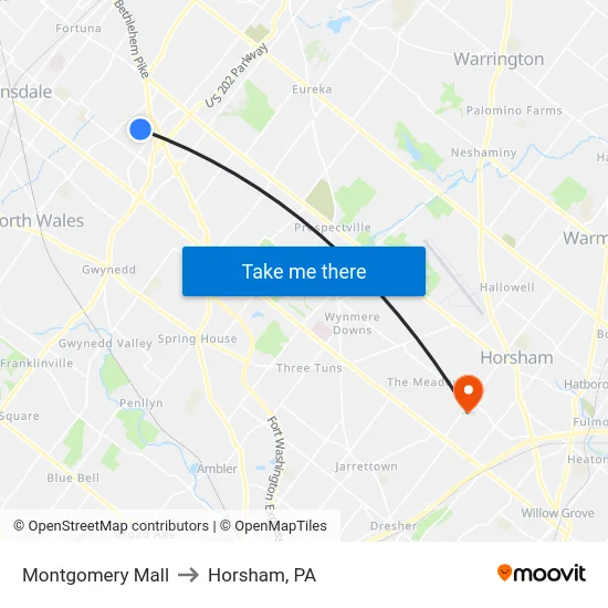 Montgomery Mall to Horsham, PA map