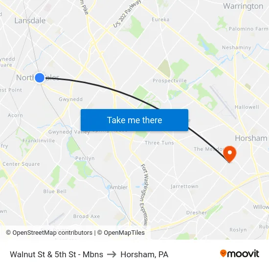Walnut St & 5th St - Mbns to Horsham, PA map