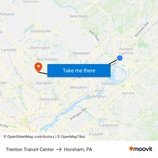 Trenton Transit Center to Horsham, PA map