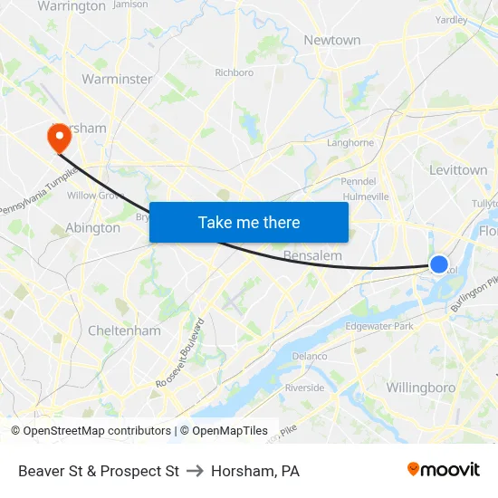 Beaver St & Prospect St to Horsham, PA map