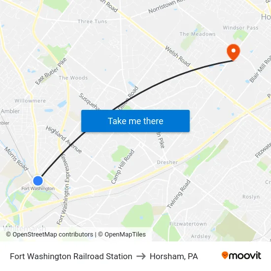 Fort Washington Railroad Station to Horsham, PA map